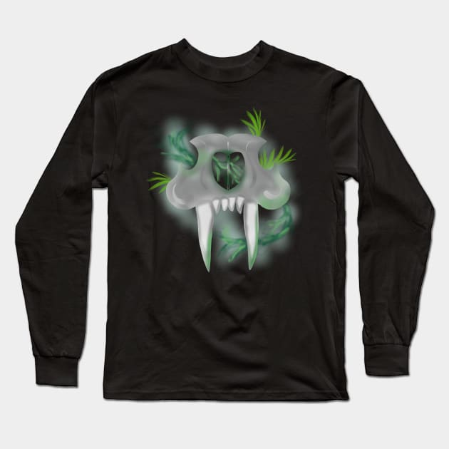 Saber Tooth Tiger Skull With Magical Swirling Mist Long Sleeve T-Shirt by Bit and Bauble Boutique